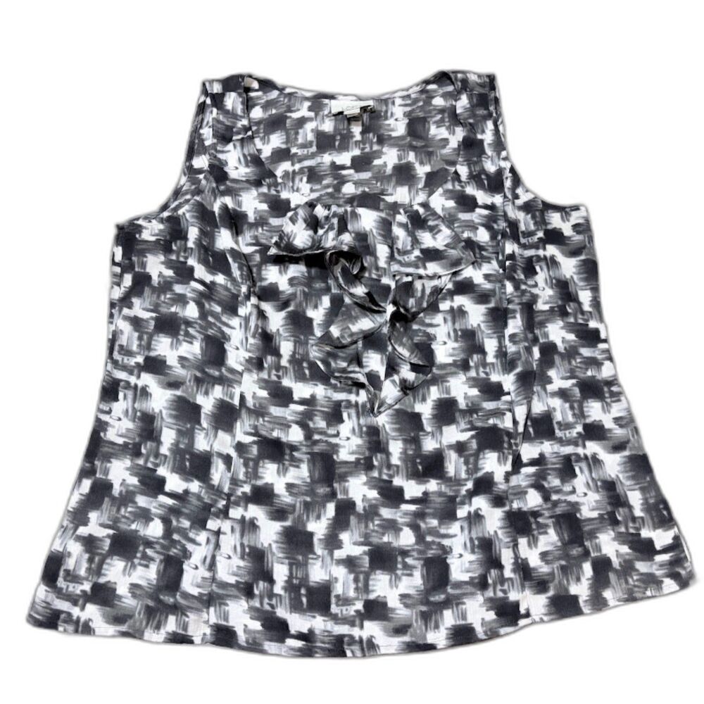 LOFT Blouse XL White Gry Black Abstract Ruffle Frnt Feminine Business Casual